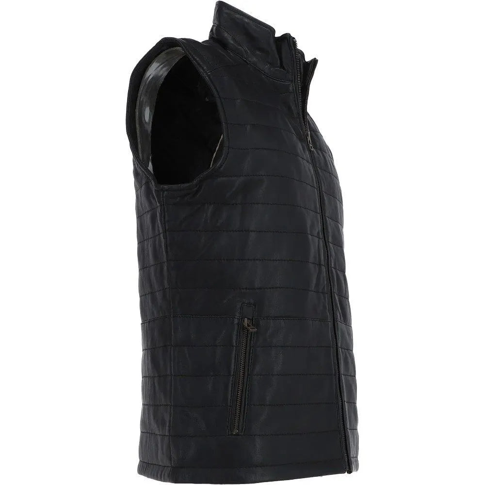 Men Black Leather Bubble Gilets Vest 