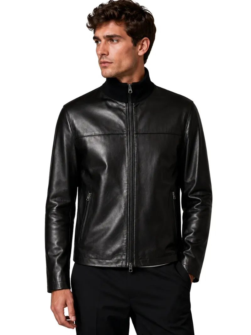 Men Black Leather High-Neck Jacket