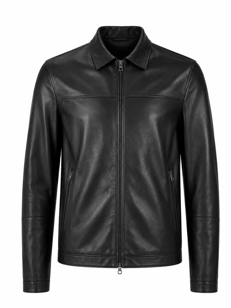 Men Black Leather High-Neck Jacket