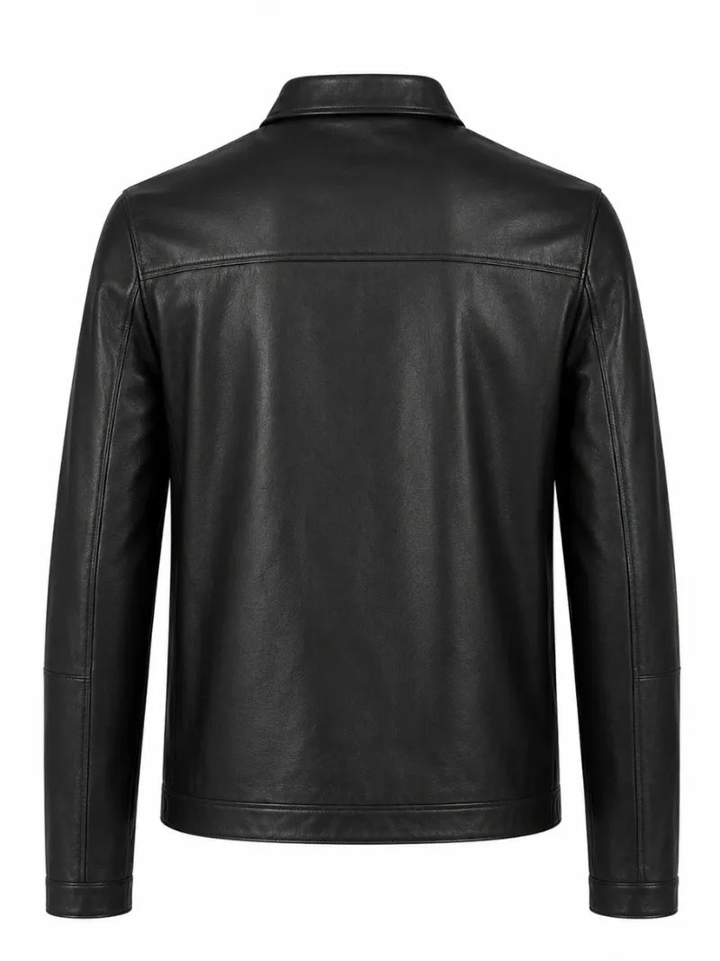 Men Black Leather High-Neck Jacket