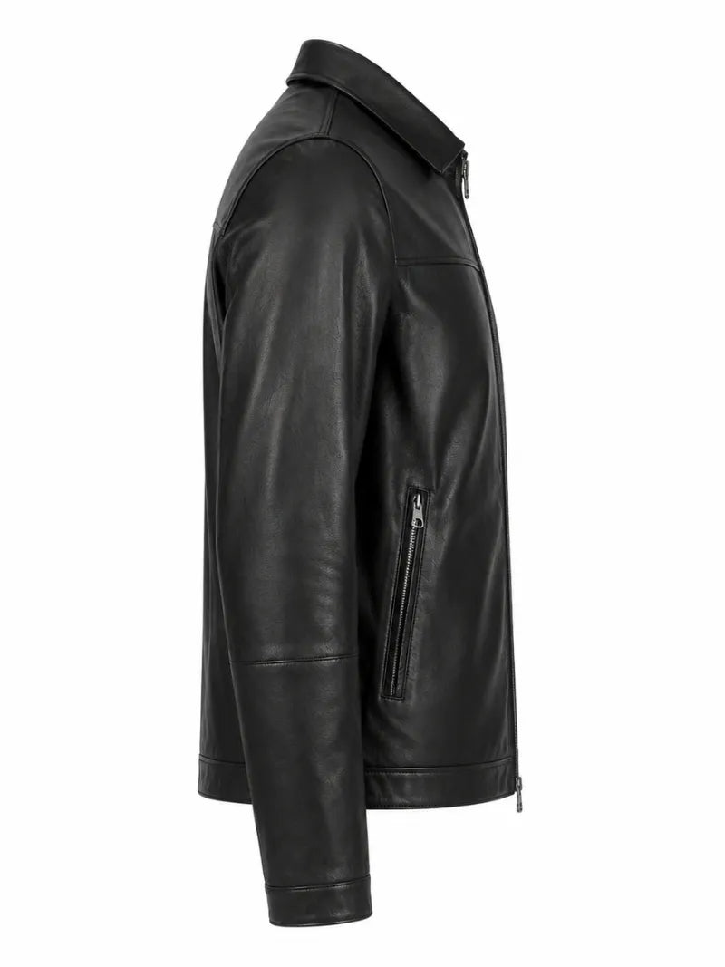 Men Black Leather High-Neck Jacket