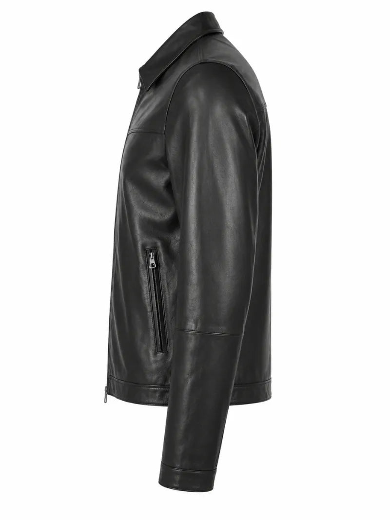 Men Black Leather High-Neck Jacket
