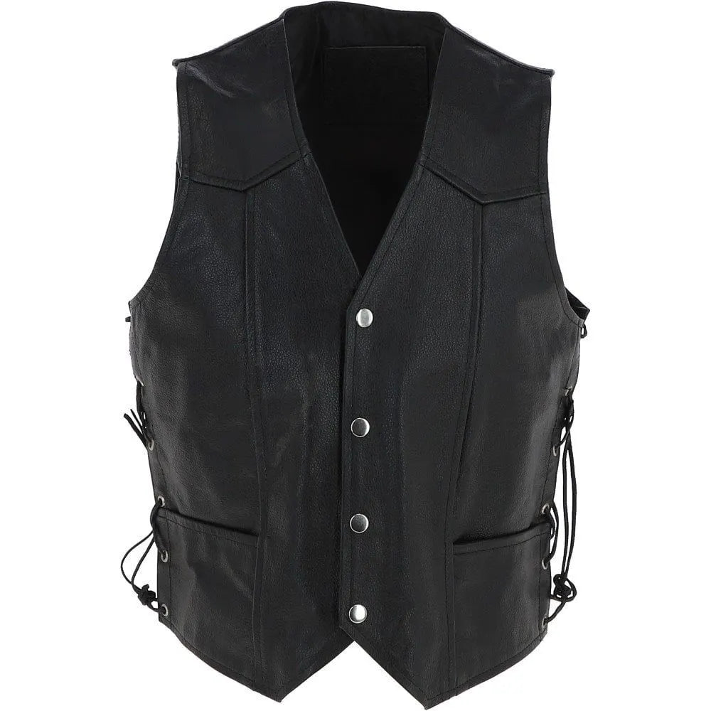 Men Black Leather Laced Vest 