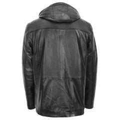 Men Black Leather Parka Detachable Hooded Coat 