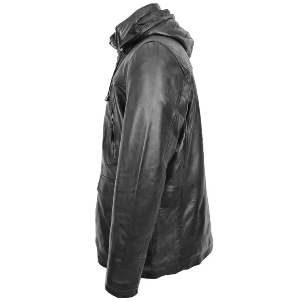 Men Black Leather Parka Detachable Hooded Coat 
