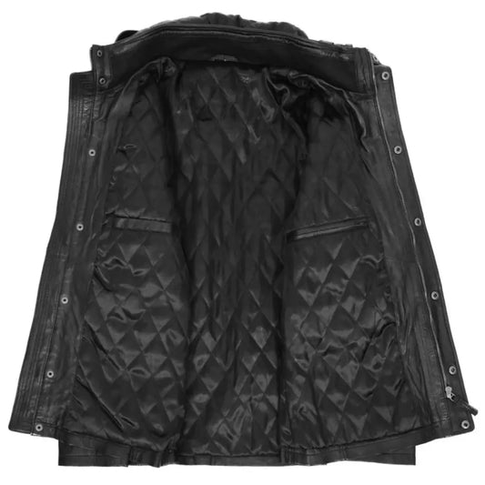 Men Black Leather Parka Detachable Hooded Coat 