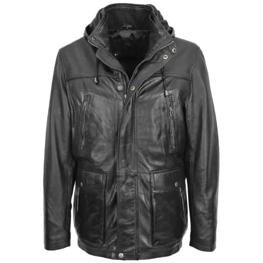 Men Black Leather Parka Detachable Hooded Coat 