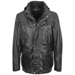 Men Black Leather Parka Detachable Hooded Coat 