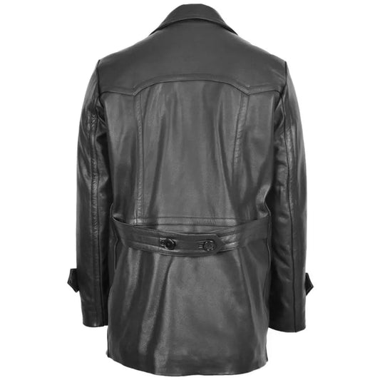 Men Black Leather Peacoat