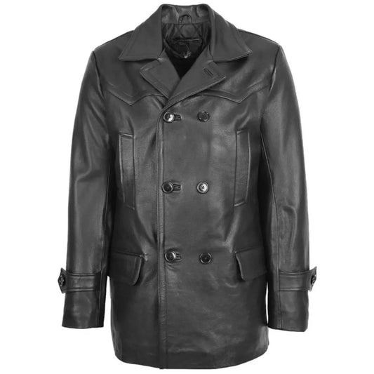 Men Black Leather Peacoat