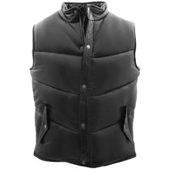 Men Black Leather Puffer Vest 