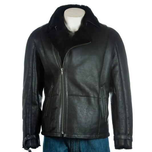  Men Black Shearling Biker Style Jacket