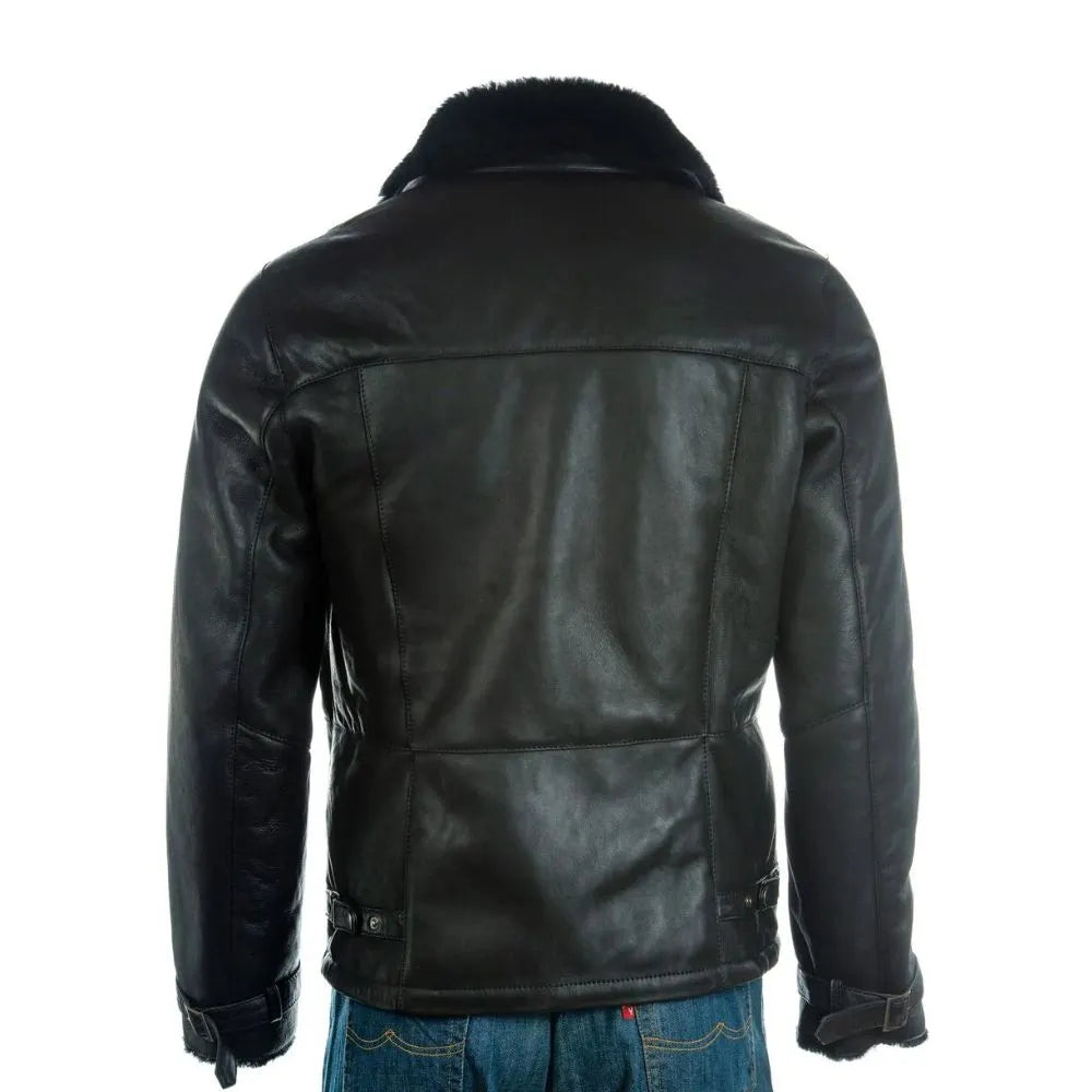  Men Black Shearling Biker Style Jacket