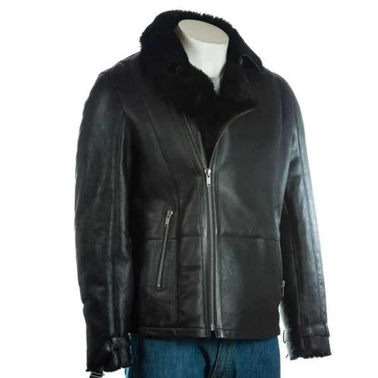  Men Black Shearling Biker Style Jacket