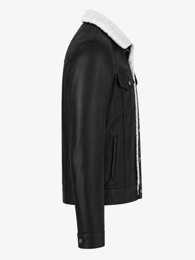 Men Black Shearling Collar Leather Jacket