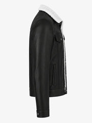 Men Black Shearling Collar Leather Jacket
