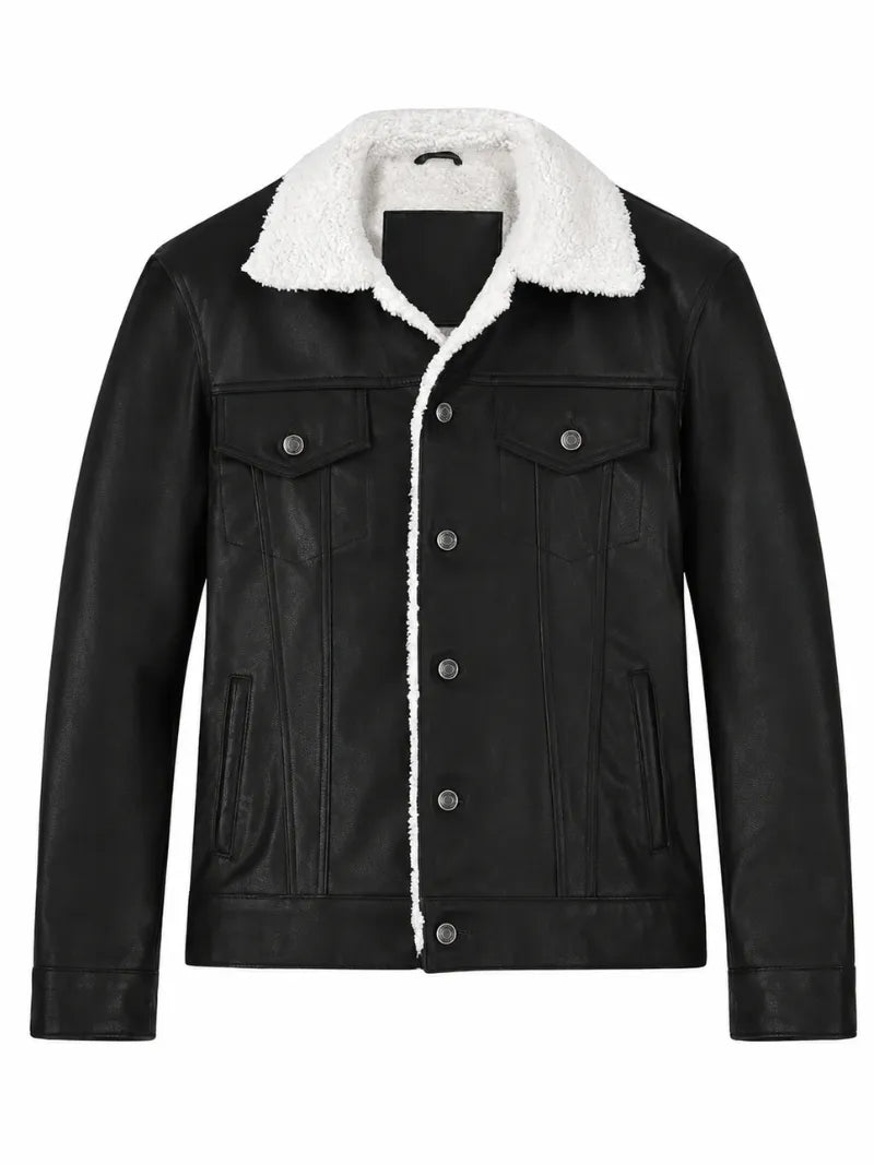 Men Black Shearling Collar Leather Jacket