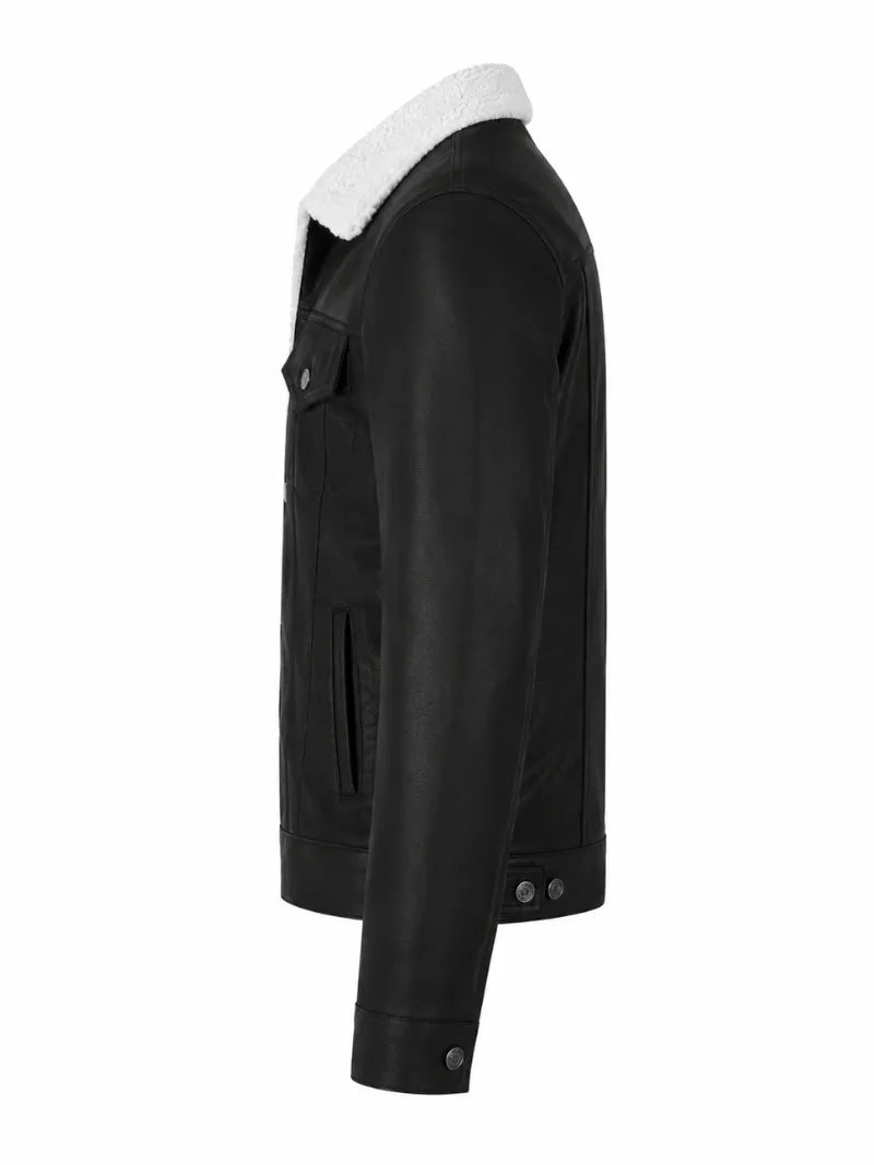 Men Black Shearling Collar Leather Jacket