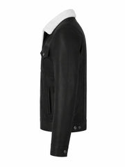 Men Black Shearling Collar Leather Jacket