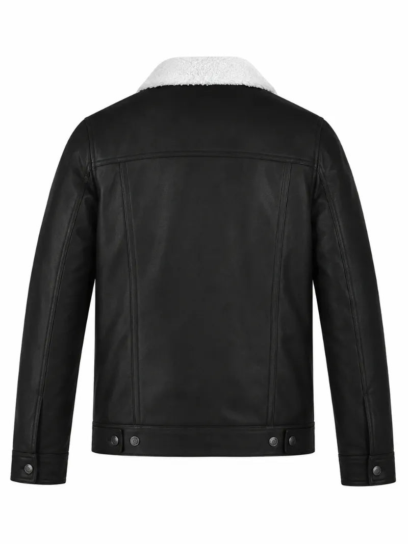 Men Black Shearling Collar Leather Jacket