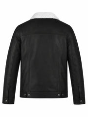 Men Black Shearling Collar Leather Jacket