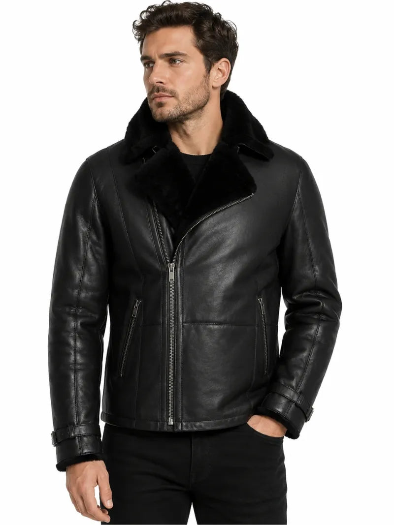 Men's Black Shearling Style Jacket, closure detail
