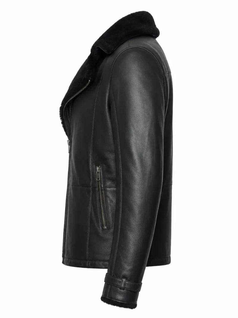 Men's Black Shearling Style Jacket, side view