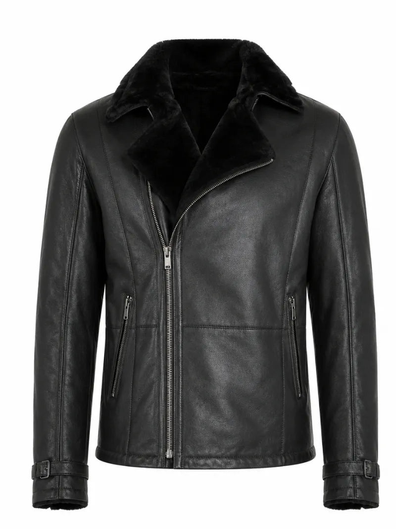 Men's Black Shearling Style Jacket, front view