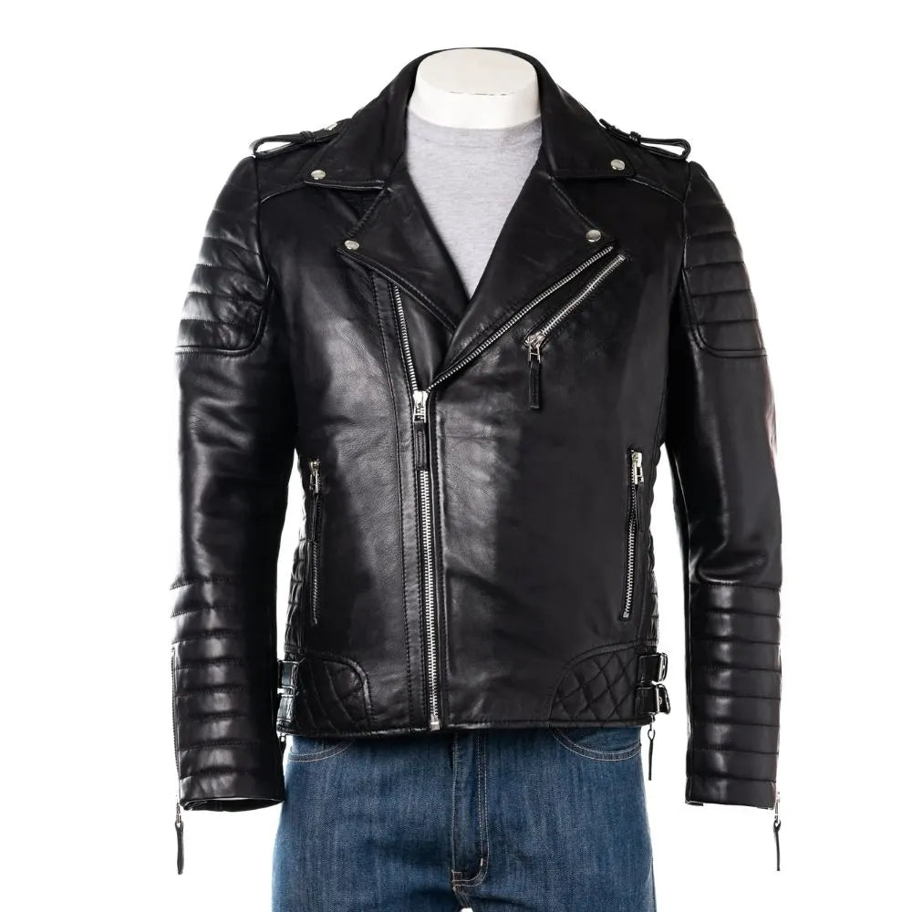 Men Black SlimFit Diamond Biker Style Leather Jacket