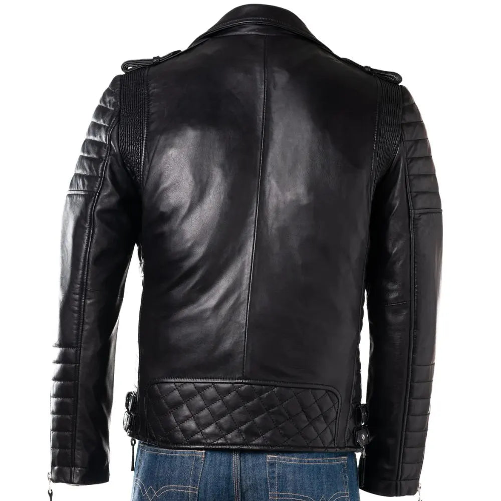 Men Black SlimFit Diamond Biker Style Leather Jacket