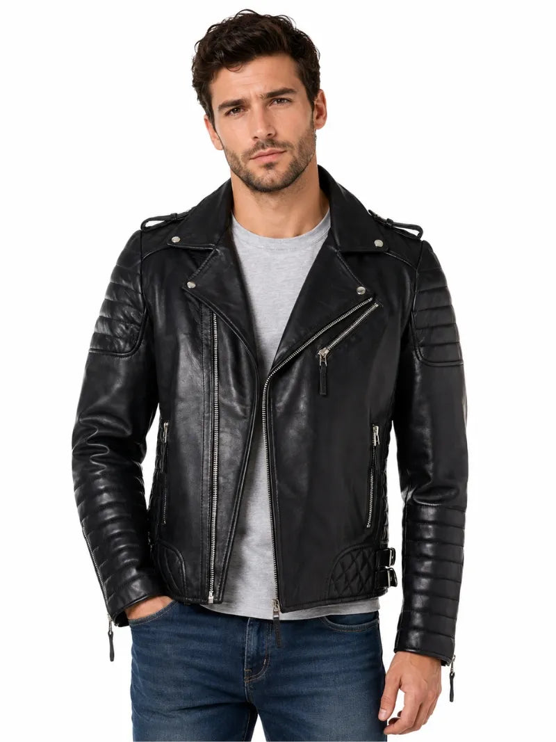 Men's Black Slim Fit Diamond Style Leather Jacket, closure detail