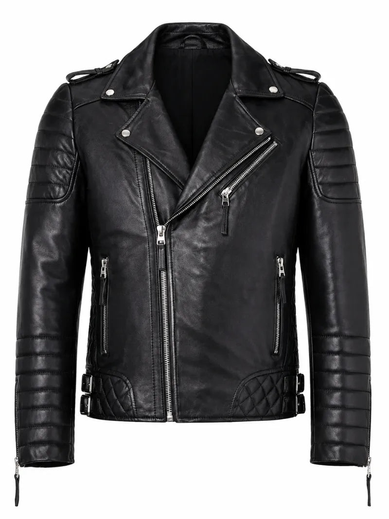Men's Black Slim Fit Diamond Style Leather Jacket, front view