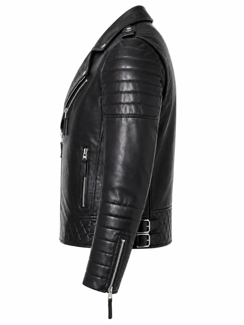 Men's Black Slim Fit Diamond Style Leather Jacket, back view
