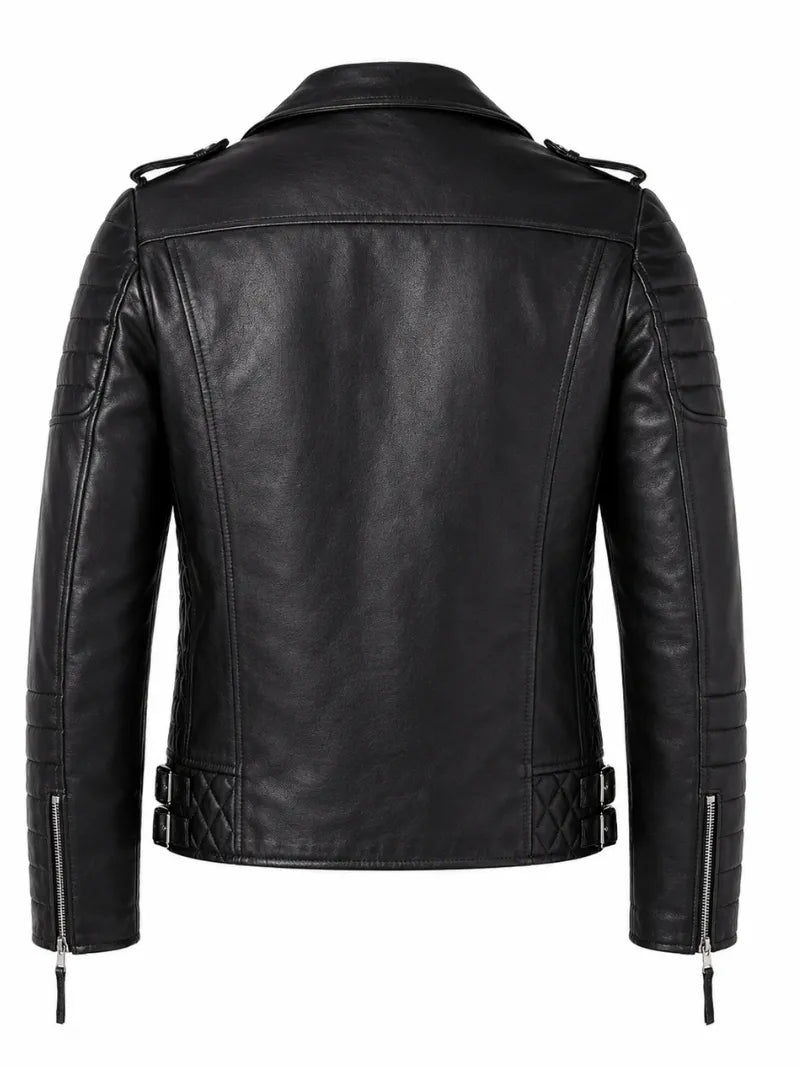 Men's Black Slim Fit Diamond Style Leather Jacket, side view