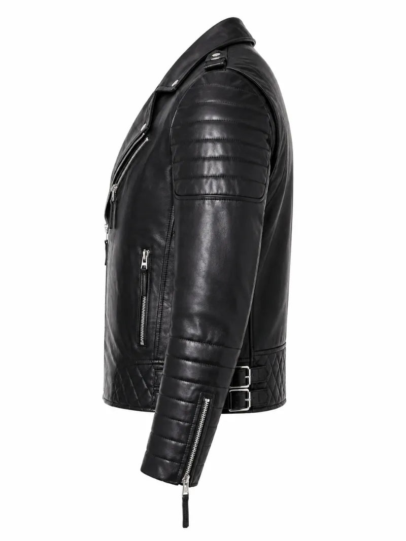 Men's Black Slim Fit Diamond Style Leather Jacket, collar detail