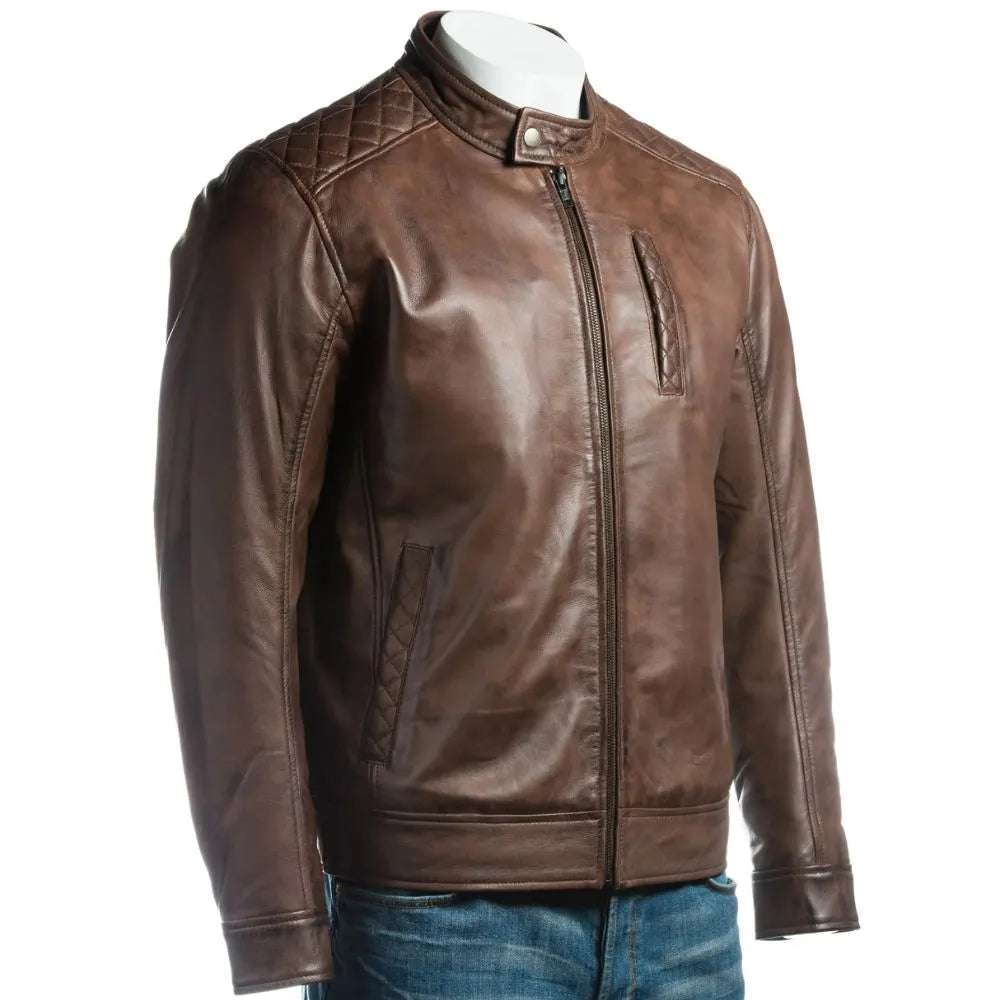 Men Brown Slim Fit Shoulder Detail Style Leather Jacket