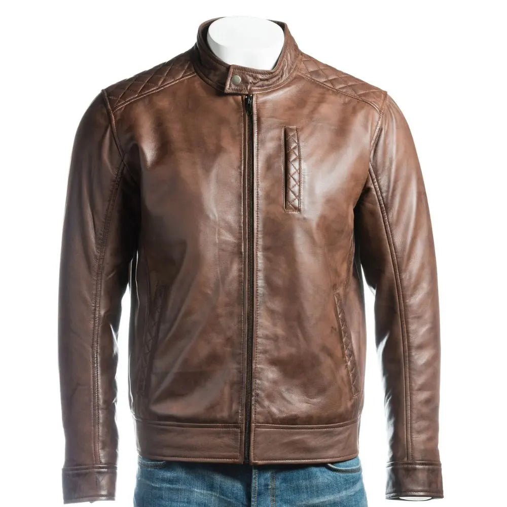 Men Brown Slim Fit Shoulder Detail Style Leather Jacket