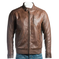 Men Brown Slim Fit Shoulder Detail Style Leather Jacket
