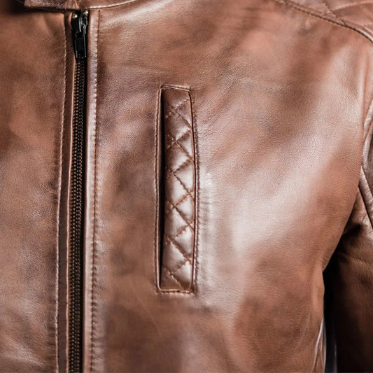 Men Brown Slim Fit Shoulder Detail Style Leather Jacket