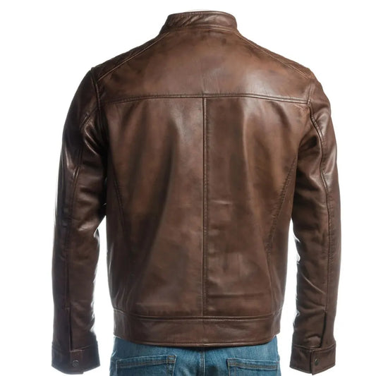 Men Brown Slim Fit Shoulder Detail Style Leather Jacket