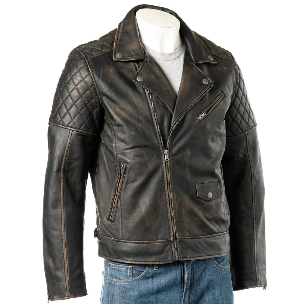 Men Black Vintage Look Biker Style Leather Jacket
