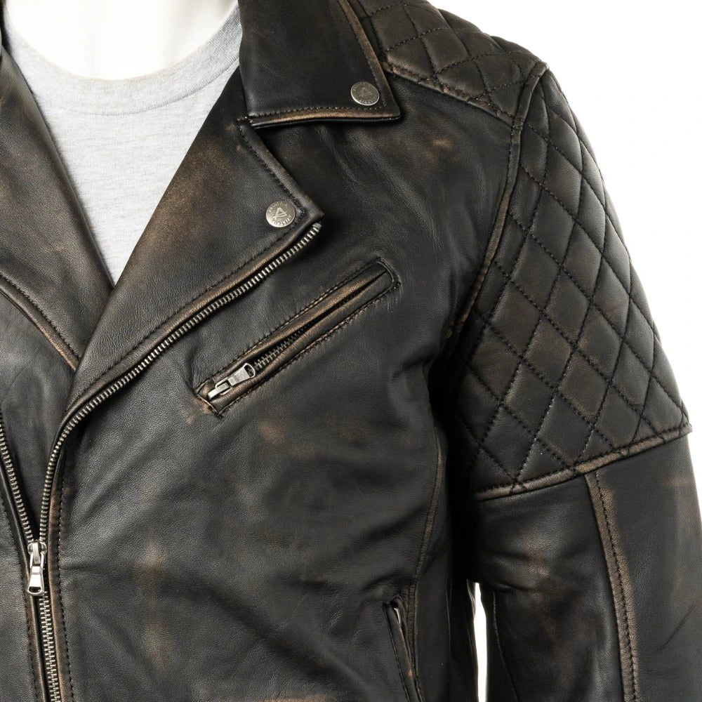 Men Black Vintage Look Biker Style Leather Jacket