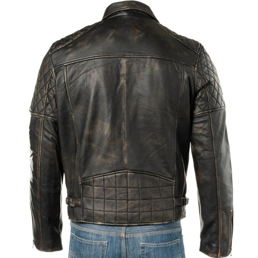 Men Black Vintage Look Biker Style Leather Jacket