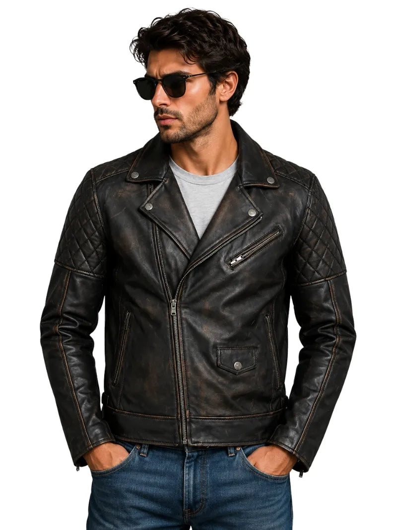 Men's Black Vintage Look Style Leather Jacket, closure detail