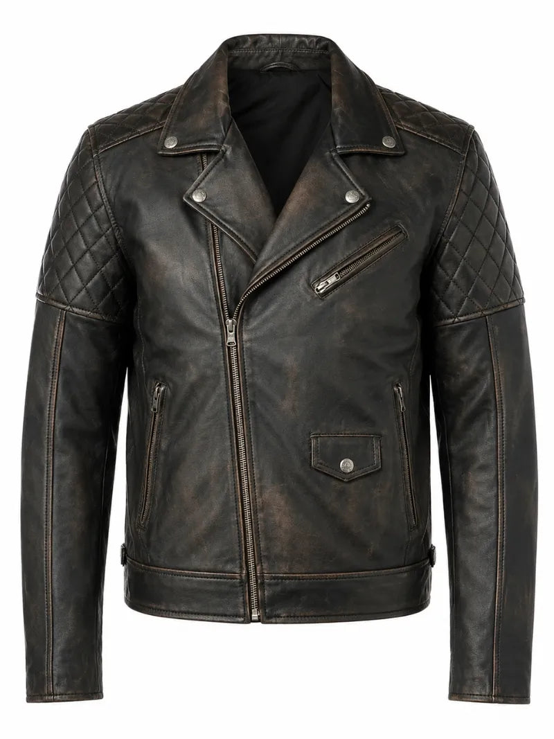 Men's Black Vintage Look Style Leather Jacket, front view