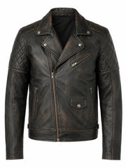 Men's Black Vintage Look Style Leather Jacket, front view