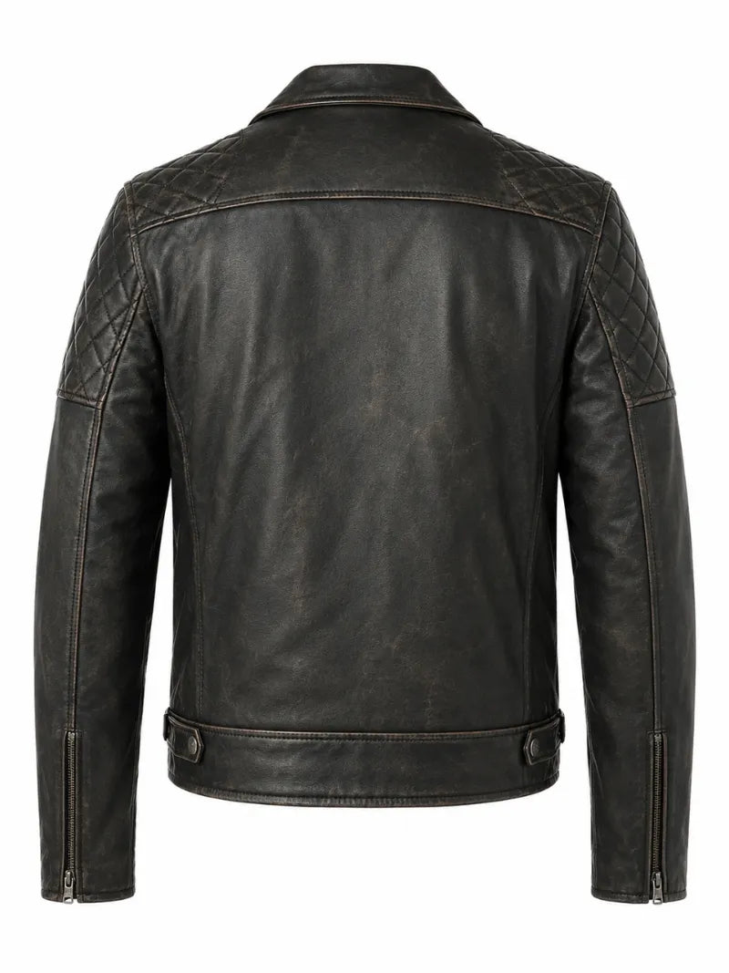 Men's Black Vintage Look Style Leather Jacket, back view