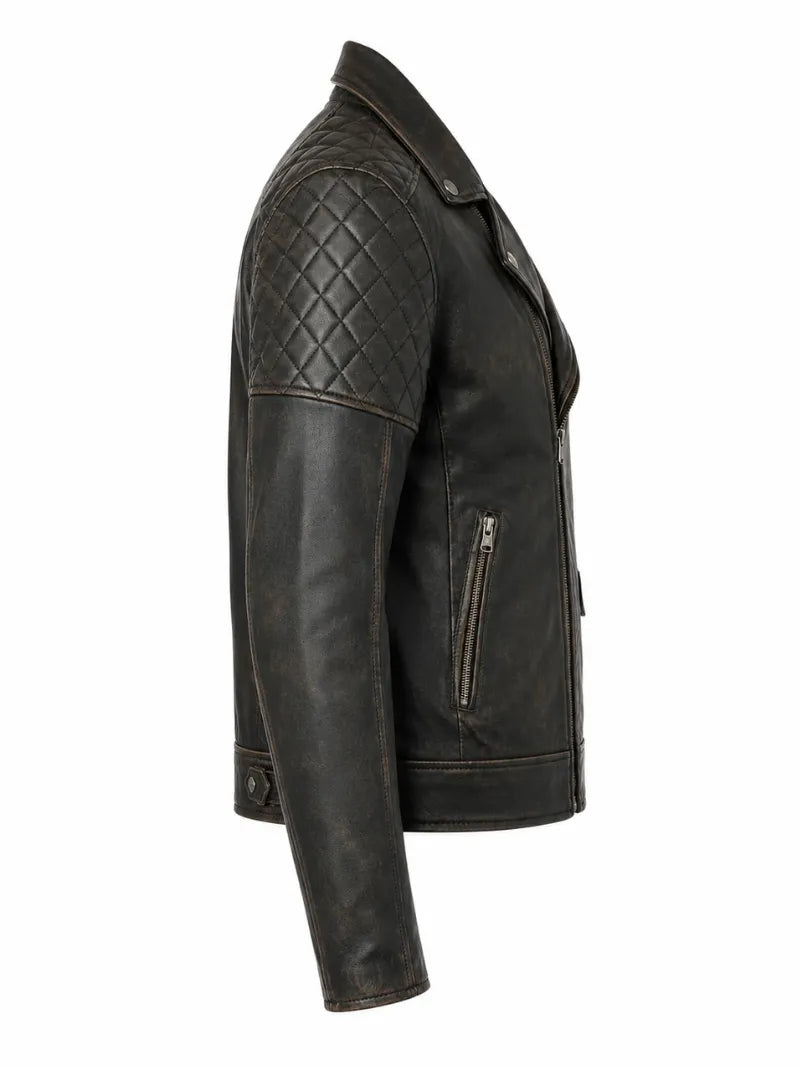 Men's Black Vintage Look Style Leather Jacket, side view