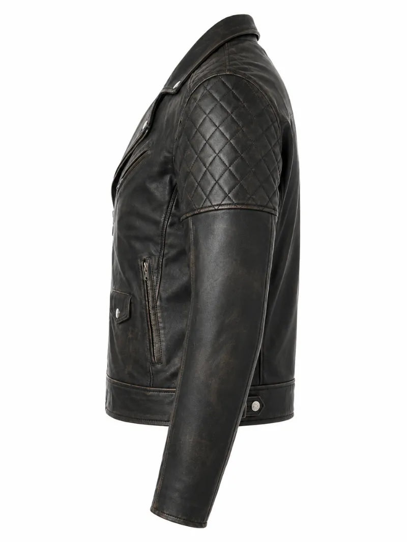Men's Black Vintage Look Style Leather Jacket, collar detail