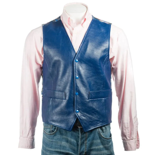 Men Blue Half Genuine Leather Vest 